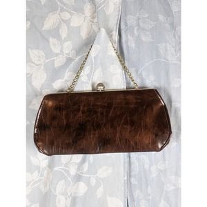 Vtg 60s Brown Vinyl Clutch With Chain